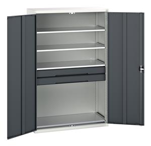 Verso kitted cupboard with 4 shelves, 2 drawers. WxDxH: 1300x550x2000mm. RAL 7035/5010 or selected Bott Verso Basic Tool Cupboards Cupboard with shelves